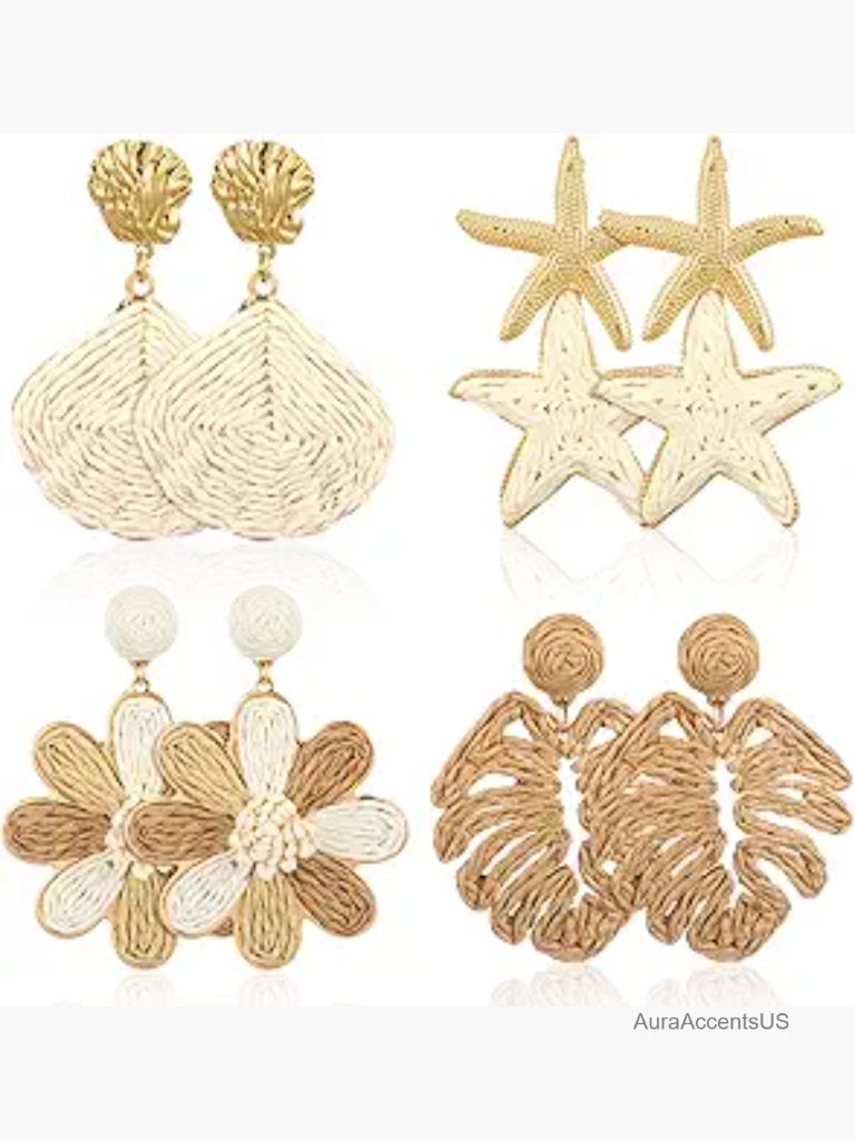 4 Pairs Rattan Earrings Beach Handmade Raffia Earring Set Bohemian Drop Dangle